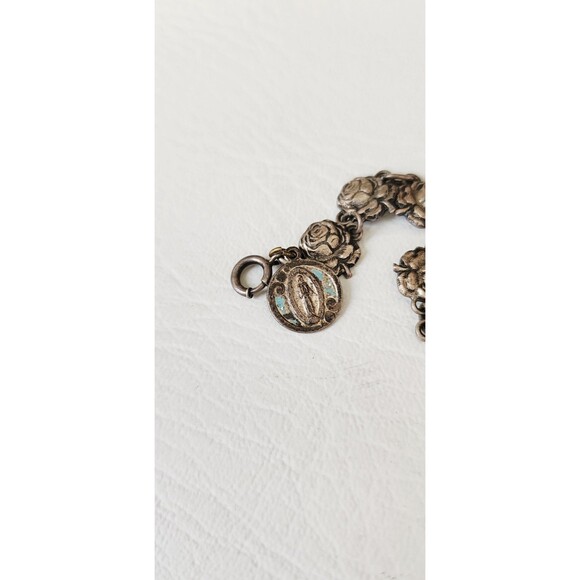 VINTAGE ANTIQUE STERLING SILVER ROSES AND SAINTS CATHOLIC MEDAL BRACELET 6.5" - Picture 3 of 10